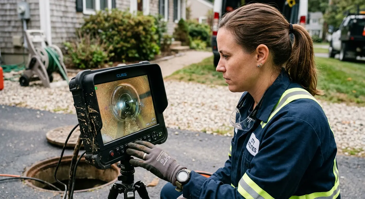 Technician reviewing sewer camera inspection footage in Prospect