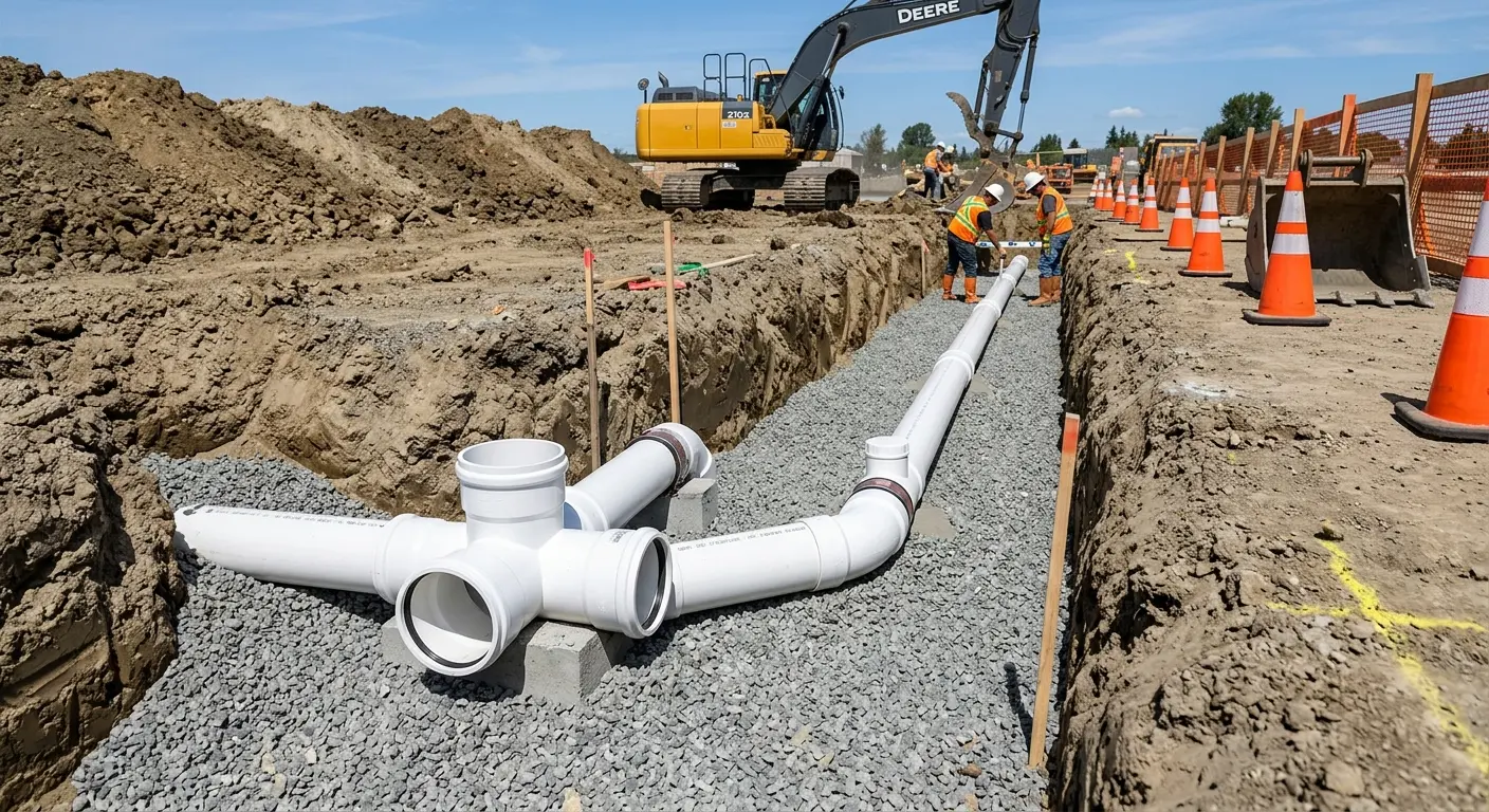 New PVC sewer pipe installation in open trench for Grease Trap Cleaning in Prospect