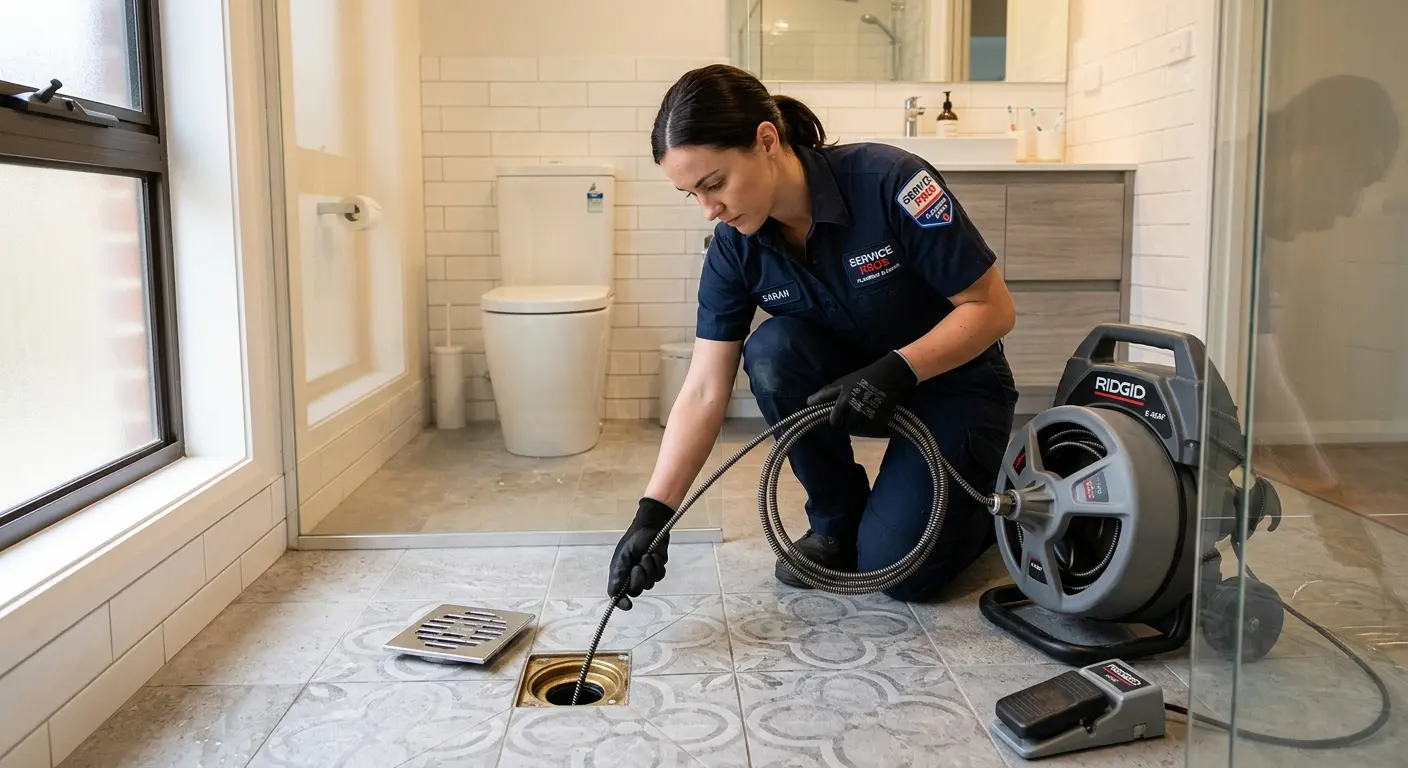 Technician clearing a bathroom floor drain for Hydro Jetting in Prospect